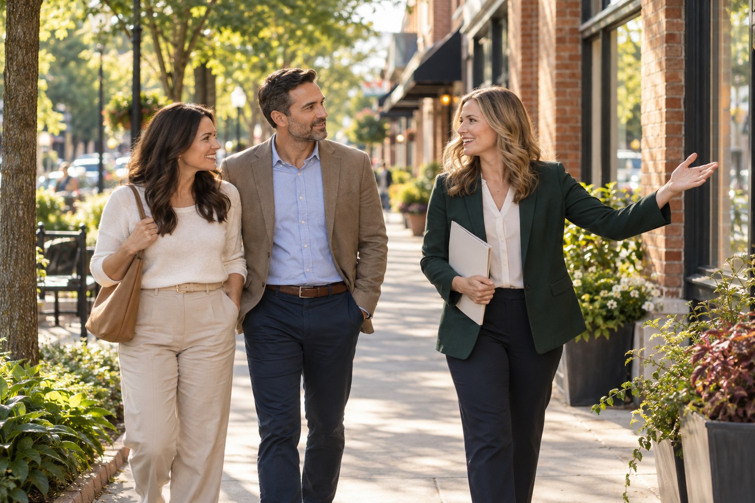 Illustrative area orientation with a relocation coordinator and a couple exploring a leafy community